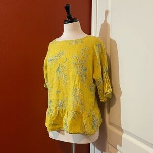 Valentina‎ Naldi Women’s Yellow Boho Linen Ruffle Hem & Sleeve Resort Blouse Top